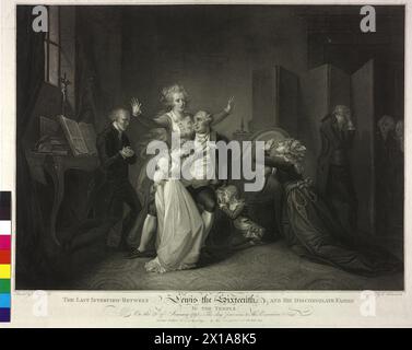 Das letzte Treffen Lewis XVI., König von Frankreich, mit seiner Familie, am Abend vor seiner Hinrichtung, am 20.1,1793, Stippelstich / Radierung von Luigi Schiavonetti nach einem Gemälde von Charles Benazech., 10.03.1794 - 17940310 PD0001 - Rechteinfo: Rights Managed (RM) Stockfoto
