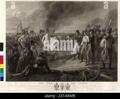 Der Sieg bei Leipzig, Karl Philipp Fürst von Schwarzenberg benachrichtigt die Verbündeten Monarchen - Zar Alexander I. von Russland, Kaiser Franz I. (II) und König Friedrich Wilhelm III. Von Preußen - den Sieg in der Völkerschlacht bei Leipzig Figurencode vergleichen PK 511a, 14A. Kupferstich/Ätzung von John Scott nach Malerei von Johann Peter Krafft. (Variante zu Pk511a, 13: Inscription Superior Printed, Note of the Stecher of the Wappen), 1820 - 18200101 PD0313 - Rechteinfo: Rights Managed (RM) Stockfoto