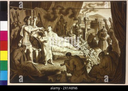 Der sterbende Kaiser Mark Aurel berät Pertinax seinen Sohn Commodus, Feder- und Pinselzeichnung in braun, gewaschen, mit weißen Höhen über Bleistift von Karl Russ Blatt 11 aus dem Zyklus Bilder zur Geschichte von Wien. Die 149 Zeichnungen stammen aus der Zeit von 27. Januar 1826 und 12. Dezember 1832., 1825 - 18250101 PD0176 - Rechteinfo: Rights Managed (RM) Stockfoto