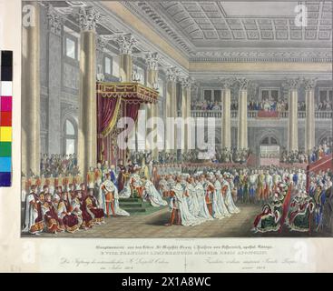 Stiftung des Österreichischen Leopoldordens 1808, Stiftung und Prämienübergabe des Leopoldordens durch Kaiser Franz I. im Rittersaal der Wiener Hofburg (heute Zeremoniensaal) am 8,1.1808, Lithographie von Franz Wolf nach einem Modell von Johann Nepomuk Hoechle, aus der Serie Hauptmomente aus dem Leben Sr. Majestaet Franz I. ', 1835 - 18350101 PD0105 - Rechteinfo: Rights Managed (RM) Stockfoto