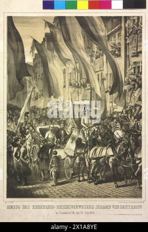 Eintrag des Erzherzogs Kaiservikar Johann von Österreich in Frankfurt am 7. Juli 1848, Lithographie nach Zeichnung von Leo von Elliot, - 18480101 PD0914 - Rechteinfo: Rechte verwaltet (RM) Stockfoto