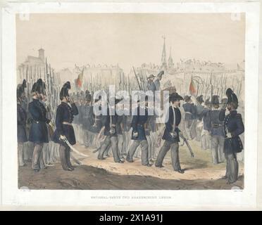 Nationalgarde und Kollegiallegion, Revolution in Wien 1848: Prozession der Mitglieder der Nationalgarde und der akademischen Legion. Farbige Lithografie nach eigener Zeichnung von Charles Goebel, 1848 - 18480101 PD1037 - Rechteinfo: Rights Managed (RM) Stockfoto