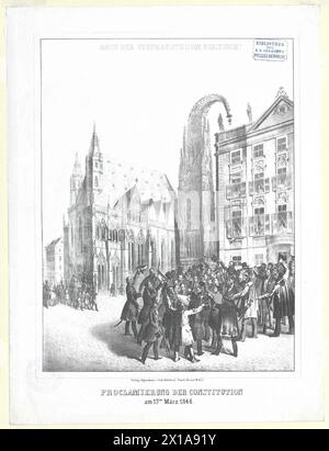 Verkündigung der Verfassung am 15. März 1848.- auch des Stephansthurms Warps selbst!, Szene am Stock-im-Eisen-Platz mit Blick auf die St. Stephansdom mit schrägem Turm. Lithograph, 1848 - 18480101 PD1026 - Rechteinfo: Rights Managed (RM) Stockfoto