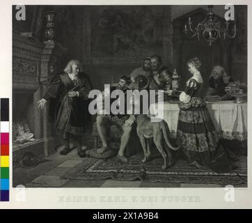 Karl V., Kaiser des Heiligen Römischen Reiches, Anton Graf Fugger von Kirchberg brennt in Gegenwart von Karl V., einem Kaplan, einem Soldaten und einer jungen Frau seine Bande. Stahlstich von Frederic William Zimmermann nach einem Gemälde von Charles Lewis Frederic Becker, Zeichen und datiert 1866 Notation: 'Die Verbrennung der kaiserl. Schuldscheine durch F. ist Legende. " (Biografie für junge Deutsche, Band 5, S. 717), 1866 - 18660101 PD1113 - Rechteinfo: Rights Managed (RM) Stockfoto