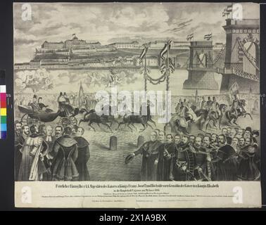 Ankunft des kaiserlichen Ehepaares im Hoflager in Budapest am 29. Januar 1866, Franz Joseph I. und Elisabeth in offener Kutsche (Schwimmer A La Daumont) sitzend, während des Transports zur Kettenbrücke, dem Ofenschloss im Hintergrund. Lithografie von Danieletto und Politzer, - 18660101 PD1118 - Rechteinfo: Rights Managed (RM) Stockfoto