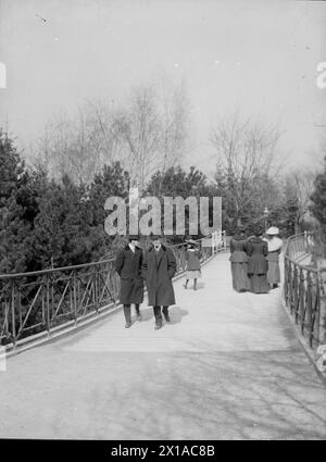 Wien 18, Tuerkenschanzpark, zwei Männer, ein Mädchen und drei Frauen, die über eine Brücke laufen, 1890 - 18900101 PD1260 - Rechteinfo: Rights Managed (RM) Stockfoto