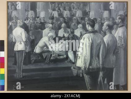 Zeremonie der Fußwäsche, Kaiser Franz Joseph I. nimmt im Festsaal der Hofburg um zwölf greisen die Maulergründe Donnerstag Fußspülungen vor links stehendem ersten Hofmeister Rudolf Fürst zu Liechtenstein, rechts die Erzherzöge Otto, Ludwig Victor und Eugene Malerei in Grau mit Highlights in Weiss von Thodor Zasche, signiert 'ZASCHE', Öl auf Karton, in Passepartout gerahmte Skizze nach: max Hearted (Verlag.): 'viribus unitis. Das Buch vom Kaiser', Budapest, Wien, Leipzig: Verlag Max Hearted 1898], Seite 37 ( Stockfoto