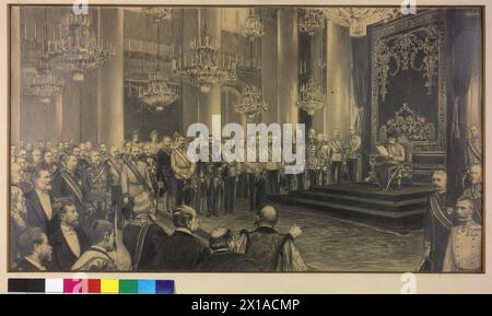 Feierliche Eröffnung der Reichsversammlung durch Kaiser Franz Joseph I. 1897, Kaiser Franz Joseph I. ruft im Festsaal der Hofburg die Rede vom Thron bei der Eröffnung der XII. Sitzung der Reichsversammlung auf 29.3.1897 Bleistiftzeichnung von Arthur Lajos Halmi auf Pappe, signiert in Passepartout-montierten Skizzen zu: max Hearted (Herausgeber.): 'viribus unitis. Das Buch vom Kaiser', Budapest, Wien Leipzig: Verlag Max Herzig, Seite 30-31 (dort genauer Personenschlüssel), - 18970101 PD2328 - Rechteinfo: Rights Managed (RM) Stockfoto