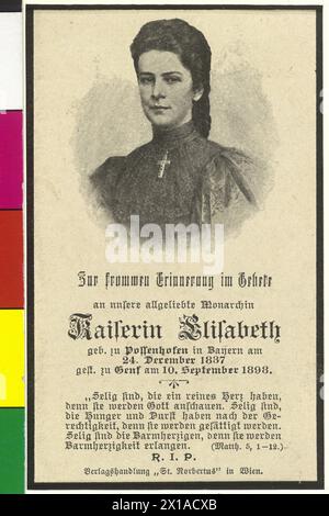 Elisabeth, Kaiserin von Österreich, in Erinnerungskarte mit Druckbild von Elisabeth und Vers aus der Bibel, rückseitig mit Farbdruck einer Kreuzigungsszene. Verlag St. Norbertus, Wien, 1898 - 18980101 PD0670 - Rechteinfo: Rights Managed (RM) Stockfoto