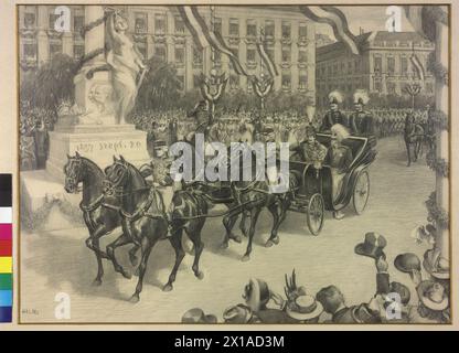 Eintritt Kaiser Wilhelm II. Und Kaiser Franz Joseph I. in Budapest 1897, Kaiser Wilhelm II. Und Kaiser Franz Joseph in Budapest, am 20.9,1897: fahren Sie in einem offenen Bus über den Franz-Joseph-Platz (neben einer Dekoration mit Allegorie der Hungaria und Doppelporträt der beiden Kaiser) zur Kettenbrücke. Kaiser Franz Joseph in preußischer Uniform, Wilhelm II. österreichische Uniform (Galauniform eines kaiserlichen und königlichen Feldmarschalls in ungarischer Anpassung) Bleistiftzeichnung von Artur Lajos Halmi, signiert 'HALMI' im Passepartout, montierte Skizzen zu: Max Hearted (Verleger.): 'Viribu Stockfoto