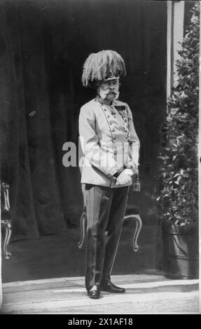 Franz Joseph I., Kaiser von Österreich, Bild in Dressregimentalen eines kaiserlichen und königlichen Feldmarschalls in deutscher Anpassung, bei der Ozassion der Grundsteinlegung der Pfarrkirche St. Leopold in Wien-Donaufeld., 06.06.1905 - 19050606 PD0005 - Rechteinfo: Rights Managed (RM) Stockfoto