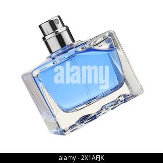 Blaues Männerparfüm in Flasche isoliert auf weiß Stockfoto