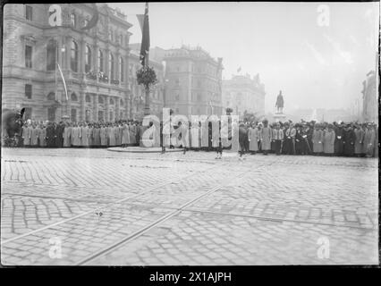 Hundertjähriges Jubiläum in der Schlacht der Nationen bei Leipzig auf dem Wiener Schwarzenbergplatz, Franz Joseph an der Schmutzstelle in Erwartung der Truppen., 16.10.1913 - 19131016 PD0011 - Rechteinfo: Rights Managed (RM) Stockfoto