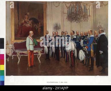 Hommage des deutschen Bundesfürsten vor Kaiser Franz Joseph im Fall des 60-jährigen Regierungsjubiläums 1908, Besuch des deutschen Bundesfürsten am 8. Mai 1908 im Schloss Schönbrunn an Kaiser Franz Joseph I. zum Regierungsjubiläum zu gratulieren. Präziser Personenschlüsselvergleich PK 453, 43b Farbdruck nach Malerei von Franz von Capot (Gemälde 1908-1910) durch Gerlach und Wiedling, Wien, vermutlich 1914. Früherer Besitzer kaiserliches und königliches Kriegsarchiv, das Originalgemälde entscheidet sich im Schloss Schönbrunn, - 19140101 PD9259 - Rec Stockfoto