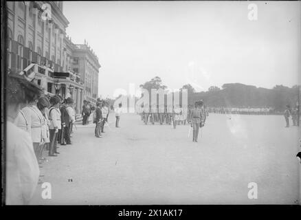 Weihe der Fahne für die Franz-Joseph-Akademie der Militärwissenschaften im Schloss Schönbrunn, Franz Joseph vor der Erzherzogin während der Verunreinigung. Fotorichtung Meidlinger Goal., 18.06.1914 - 19140618 PD0006 - Rechteinfo: Rights Managed (RM) Stockfoto