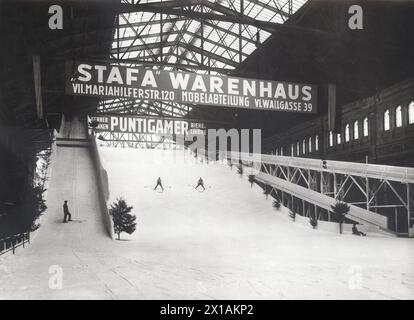 Wien 2, Nordwestbahnhof (Bahnhof), die an den Schneepalast anpassen Nordwestbahn Halle: Die Skiabfahrt in der aufwärts gerichteten Ansicht. Etwas von links anzeigen, Begleitpfad in der Sichtlinie, 1927 - 19200101 PD2380 - Rechteinfo: Rights Managed (RM) Stockfoto