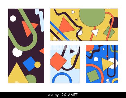 Abstrakte Gemälde mit geometrischen Mustern 2D lineare Zeichentrickobjekte Set Stock Vektor