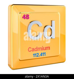 Cadmium-CD-Zeichen für chemische Elemente mit der Nummer 48 im Periodensystem. 3D-Rendering isoliert auf weißem Hintergrund Stockfoto