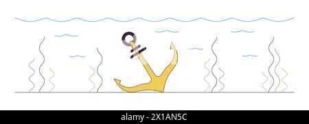 Verlorener Schiffsanker unter Wasser 2D lineares Zeichentrickobjekt Stock Vektor