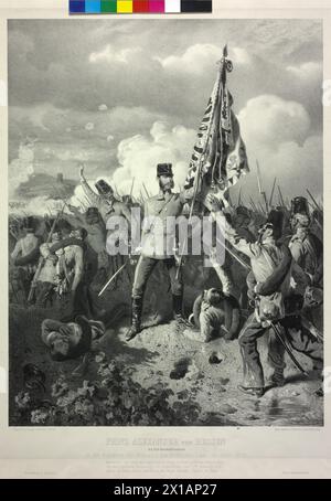 Fürst Alexander von Hessen k. k. k. Feldmarschall Leutnant in der Schlacht auf dem Mincio bei Solferino am 24. Juni 1859, übernehmen Sie bei A mit seiner Division gegen den feindlichen Angriff die in Aktion getötete Person Standardträger des Kaisers Franz Joseph I. das Infanterie-Regiment die Flagge, einige identisch mit den Worten: 'General, die Fahne!', Lithografie zum eigenen Komplott des Kaisers Eduard. China., 1930 - 19300101 PD20675 - Rechteinfo: Rights Managed (RM) Stockfoto