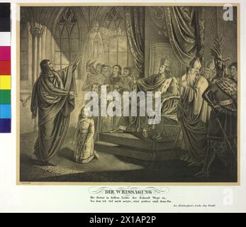 Die Prophezeiung, Astrologe am Hofkaiser Friedrich II., des Pages (und späteren deutschen Königs) Rudolf (I) von Habsburg seine für die Zukunft Variable sagt Lithographie von Joseph Lavos nach eigener Zeichnung voraus, 1930 - 19300101 PD20910 - Rechteinfo: Rights Managed (RM) Stockfoto