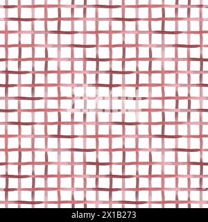 Nahtloses Muster mit rotem kariertem Aquarell auf weißem Hintergrund mit Streifen für Tischtextilien, Porzellangeschirr und köstliche Drucke. Käfigmuster Stockfoto