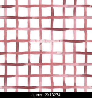 Nahtloses Muster mit rotem kariertem Aquarell auf weißem Hintergrund mit Streifen für Tischtextilien, Porzellangeschirr und köstliche Drucke. Käfigmuster Stockfoto