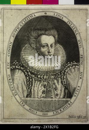 Louise Juliane, Prinzessin von Orange, Gräfin von Nassau, halb lang, halb von rechts, um die zurückgesetzte Frisur eines gezackten Perlenclips, eng anliegend, mit Perlenohrringen, breiter Spitze, in hellem Galakleid, an der beiden offenen Arbeitsperlenreihe der Ärmelnähte und an der vordergründigen bis unter den Fuß öffnenden Webkante mit vierblättrigen Zierelementen, dort Massigkeit, schmuckbesetzte Schulterkette mit Schmuckstück, unter dem Bild schraffiert, feines gemustertes Bordensegment, in ovalem Rahmen mit Latein. Transkription, umgeben von einer quadratischen äußeren Randlinie, am Rand unter dem Fuß auf der rechten Seite Stockfoto