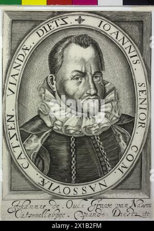 Johann VI., der ältere, Graf von Nassau-Dillenburg, halb lang, halb von rechts, barköpfig, mit Schnurrbart und Kinnbart, leicht gefaltet, in straff geknöpftem glatten Wappen, zwei senkrechte Kettenspur vor der halben Länge, Deckmantel um die Schultern, in ovalem Rahmen mit lateinischer Abschrift, auf quadratischem, vorherrschendem, täfelnähnlichem Umfang, unterhalb der Charakterisierung der zweigeteilten niederländischen Legende. Kupfergravur. Ohne Titel, 1600, - 16000101 PD0055 - Rechteinfo: Rights Managed (RM) Stockfoto