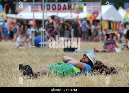 Ein Mann entspannt sich in der Sonne während des WOMAD Festivals 2013, das im Charlton Park in Wiltshire stattfindet. Stockfoto