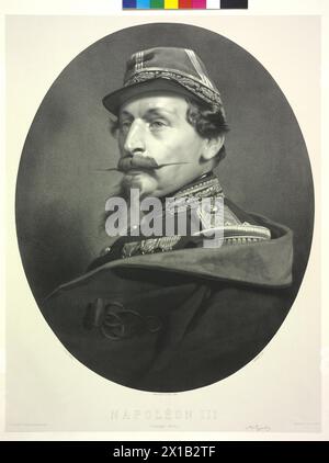 Napoleon III., Kaiser der Franzosen, Bild aus der Dynastie des italienischen Feldzugs. Lithographie von Adolphe Lafosse nach einem Gemälde von Adolphe Yvon. Faksimile der Signatur, 1863, - 18630101 PD1173 - Rechteinfo: Rights Managed (RM) Stockfoto