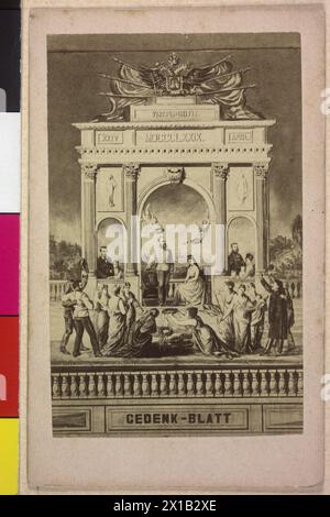 Franz Joseph I., Kaiser von Österreich, und Elisabeth, Kaiserin von Österreich, Gedenkpapier (Hommage) beim Kaiserpaar im Ozassion der Silberhochzeit 1879, im Triumphbogen ein weiteres Familienmitglied und Hommage-Individuum im Vordergrund, Fotoreproduktion nach einer Grafik von Joseph Berger, 1879, - 18790101 PD0945 - Rechteinfo: Rechte verwaltet (RM) Stockfoto