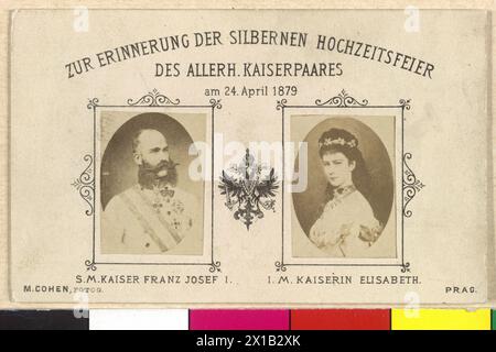 Franz Joseph I., Kaiser von Österreich, und Elisabeth, Kaiserin von Österreich, Tableau zweier Fotokunst auf Postkarte mit Charakterisierung des Kaiserpaares: Franz Joseph in voller Uniform eines kaiserlichen und königlichen Feldmarschalls in deutscher Anpassung, Elisabeth mit Dekolleté-Kleid, Huldigung beim Ozassion der Silberhochzeit am 24. April 1879, – 18790101 PD0964 – Rechteinfo: Rights Managed (RM) Stockfoto