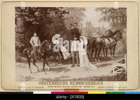 Franz Joseph I., Kaiser von Österreich mit Familie, Familienbild: Franz Joseph in Kreuzzugsuniform eines kaiserlichen und königlichen Feldmarschalls in deutscher Anpassung auf Pferd, Kaiserin Elisabeth in Kutsche, Kronprinz Rudolf mit Stephanie, zusammengesetzte Fotografie mit Hintergrundbild. Titel: "Oesterreichisches Herrscherhaus", 1888 - 18880101 PD1612 - Rechteinfo: Rights Managed (RM) Stockfoto