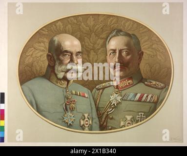 Franz Joseph I., Kaiser von Österreich und Wilhelm II., deutscher Kaiser, Doppelporträt in einheitlicher Farblithographie von Franz Theodor Wuerbel, signiert, 1914 - 19140101 PD9400 - Rechteinfo: Rights Managed (RM) Stockfoto