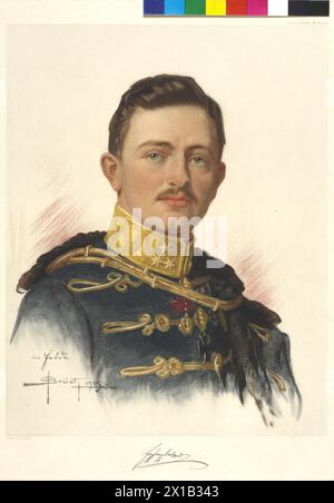 Karl I., Kaiser von Österreich, Farbskizze von Oskar Bruech, illustriert in einem Farbdruck. Faksimile der Signatur, 1915 - 19150101 PD8762 - Rechteinfo: Rights Managed (RM) Stockfoto