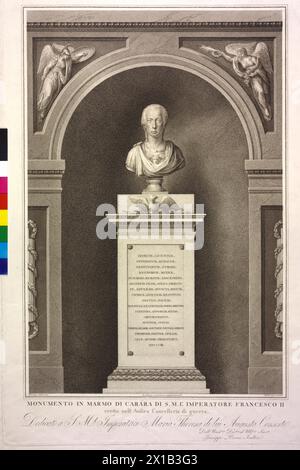 Franz II., Kaiser des Heiligen Römischen Reiches, Marmordenkmal von Giuseppe Pisani, im alten Kriegsministerium in Wien. Büste auf Basis mit lateinischer Inschrift und Datum MDCCCIII. Stippelstich von Johann Joseph Neidl nach einer Zeichnung von Vincent George Kininger, - 19300101 PD22998 - Rechteinfo: Rights Managed (RM) Stockfoto