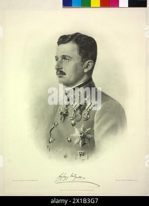 Karl I., Kaiser von Österreich, Heliographie der kaiserlichen Geographischen Hochschule in Wien, basierend auf einer Fotografie des Ateliers Adèle, Wien. Mit Faksimile der Unterschrift „Erzherzog Carl“, - 19300101 PD22858 - Rechteinfo: Rights Managed (RM) Stockfoto