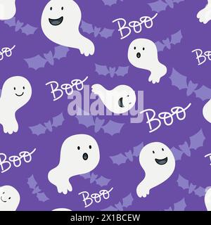 Nahtloses Halloween-Muster mit Spukgespenstern oder Geistern auf lila Hintergrund Stock Vektor