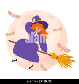 Eine Hexe in einem lila Kleid und Hut fliegt auf einem Hexenbesen Stock Vektor