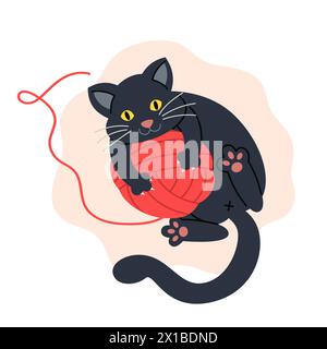 Schwarze Katze spielt mit einem roten Garnball Stock Vektor