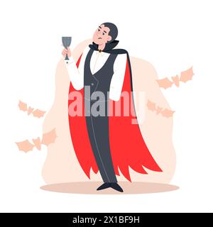 Vampir hält ein Glas, Halloween-Party-Kostüm Stock Vektor
