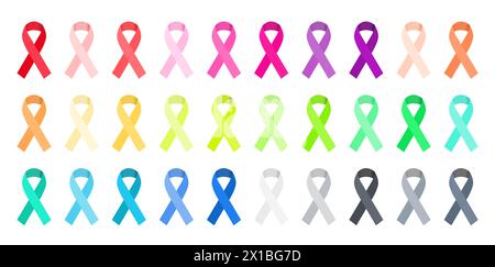 Set von Krebsbewußtseinsbändern. Alle Farben von isolierten Vektor-Wohltätigkeitsbändern. Stock Vektor
