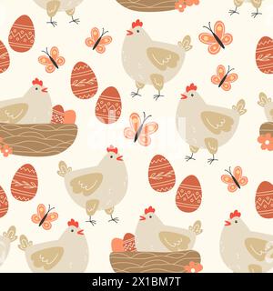 Nahtloses Muster aus Blumen, Hühnchen und ostereiern im Cartoon-Stil Stock Vektor