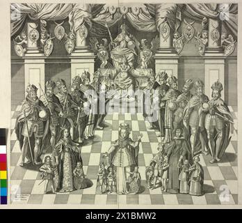 Haus Habsburg, deutscher König und römischer Kaiser aus dem Haus Habsburg, Rudolf I. – Ferdinand III., Gertrude von Hohenberg (?), im Vordergrund die Frau König Philipp IV. Von Spanien und Kaiser Ferdinand II., sowie die Witwe Erzherzog Leopolds V. von Tyrol mit ihren um 1641 lebenden Nachkommen, - 16410101 PD0005 - Rechteinfo: Rights Managed (RM) Stockfoto