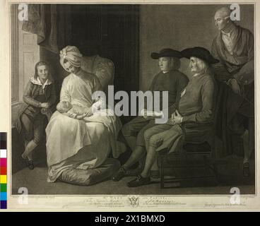 Benjamin West mit Familie, Gruppenbild: Benjamin West (rechts stehend) zusammen mit (von links nach rechts) seinem Sohn Raphael, seiner Frau Elizabeth (geborene Shewell) mit Kleinkind, seinem Halbbruder Thomas und seinem Vater John (beide sitzend), Stippelstich von Georg Sigmund Facius und Johann Gottlieb Facius nach einem Gemälde von Benjamin West. Wappen, - 17790101 PD0021 - Rechteinfo: Rechte verwaltet (RM) Stockfoto