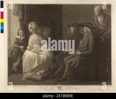 Benjamin West mit Familie, Gruppenbild: Benjamin West (rechts stehend) zusammen mit (von links nach rechts) seinem Sohn Raphael, seiner Frau Elizabeth (geborene Shewell) mit Kleinkind, seinem Halbbruder Thomas und seinem Vater John (beide sitzend), Stippelstich von Georg Sigmund Facius und Johann Gottlieb Facius nach einem Gemälde von Benjamin West. Wappen, - 17790101 PD0017 - Rechteinfo: Rechte verwaltet (RM) Stockfoto