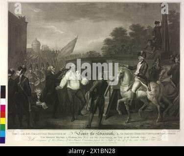 Ludwig XVI., König von Frankreich, an der Basis der Treppen zu seinem Hinrichtungsort, links sein Beichtvater abbe Henry Essex Edgeworth de Firmont, rechts auf dem Pferd des Befehlshabers der Nationalgarde Antoine Joseph Santerre. Kupferstich von Luigi Schiavonetti nach einem Gemälde von Charles Benazech, - 17950201 PD0001 - Rechteinfo: Rights Managed (RM) Stockfoto