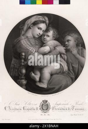 Maria mit Kind - Madonna della Sedia, Madonna mit Kind und Johannes des täufers die Madonna della Sedia - auch della Seggiola genannt - mit ihrem Titel der im rechten Winkel versetzende Sessel, in der Maria mit dem Christuskind beweist, Kupferstich von Giovita Garavaglia nach Zeichnung von Samuel Jesi, nach Malerei von Raphael seit 1589 gehört das Gemälde zur Kernsammlung der Medici-Sammlung in der Tribuna der Uffizien. Mit Widmund bei Leopold II. Großherzog der Toskana, mit Wappen, - 18280101 PD0355 - Rechteinfo: Rechte verwaltet (RM) Stockfoto