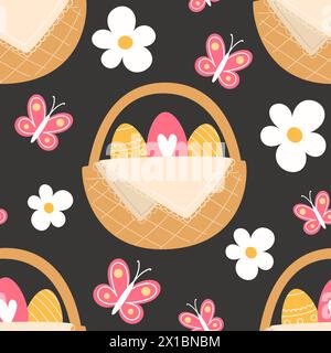 Nahtloses Muster aus Schmetterlingen und bemalten Eiern in einem Korb für Ostern im Cartoon-Stil Stock Vektor